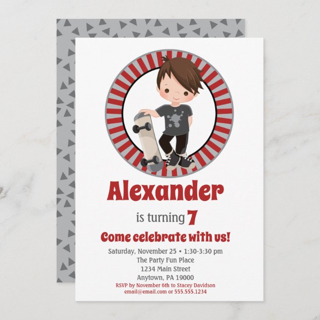 Brown Hair Skateboard Boys Birthday Invitation (Front/Back)