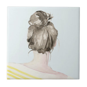 Brown Hair Top Knot Bun Ceramic Tile