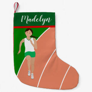 Brown Hair Track Girl in Green Small Christmas Stocking