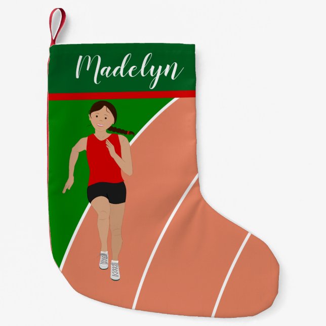 Brown Hair Track Girl in Red Small Christmas Stocking (Front)