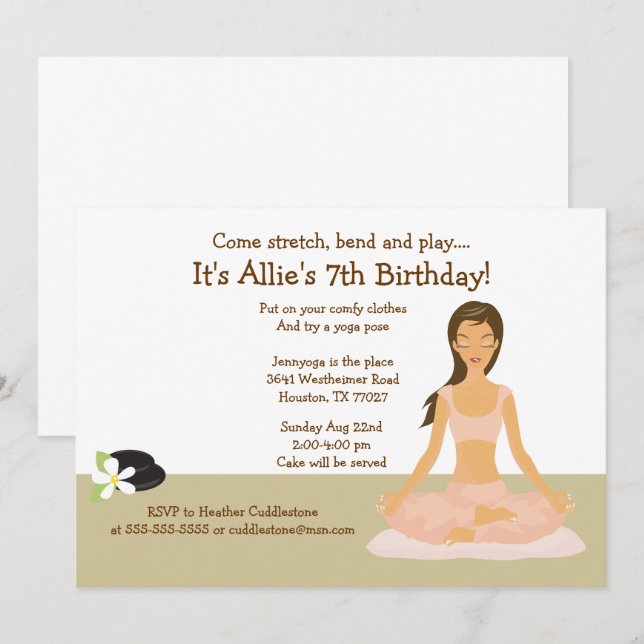 Brown Hair Yoga Girl Birthday Party 5x7 Invitation (Front/Back)