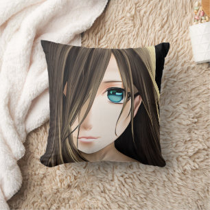 Brown Haired Blue Eyed Anime Girl Cushion