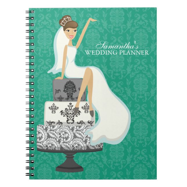 Brown Haired Bride on Wedding Cake {emerald} Notebook (Front)