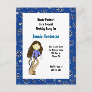 Brown Haired Cowgirl Birthday Invitation