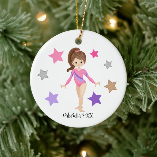 Brown Haired Gymnast Girl Gymnastics Christmas Ceramic Ornament (Tree)