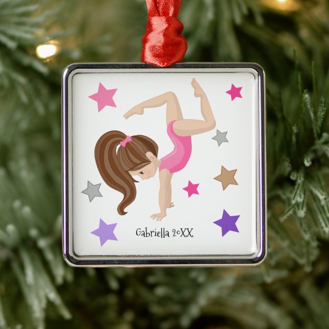 Brown Haired Gymnast Girl Gymnastics Christmas Metal Ornament (Tree)
