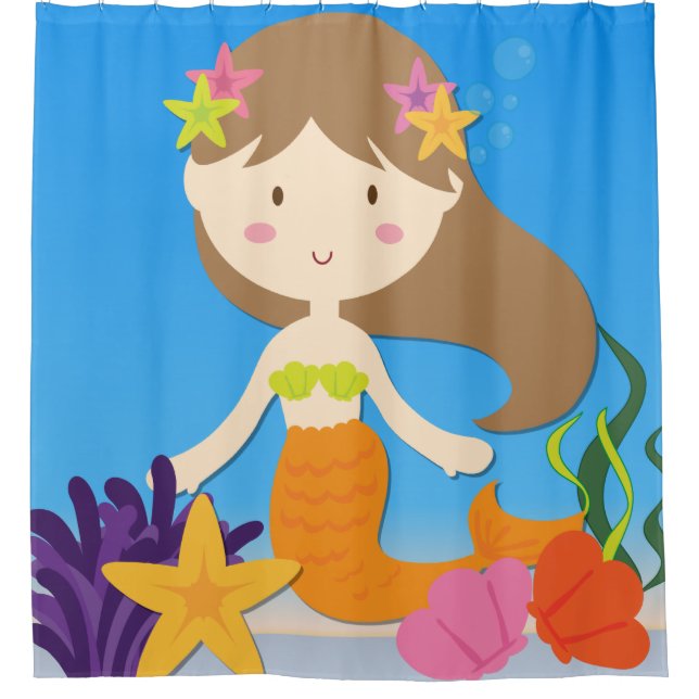 Brown Haired Mermaid in the Under Sea Ocean Shower Curtain (Front)
