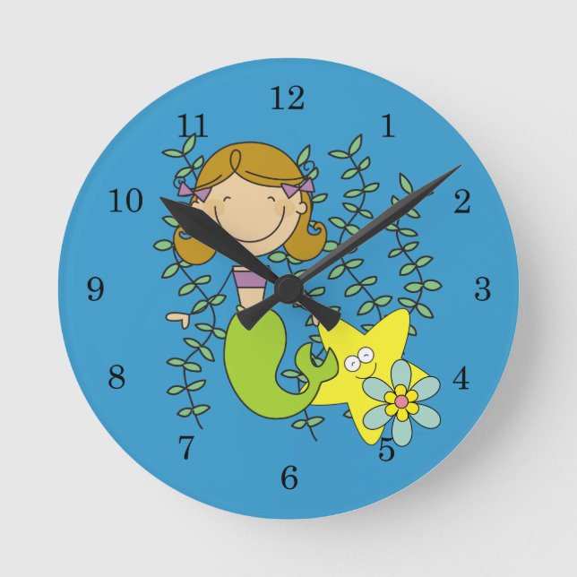 Brown Haired Mermaid Round Clock (Front)