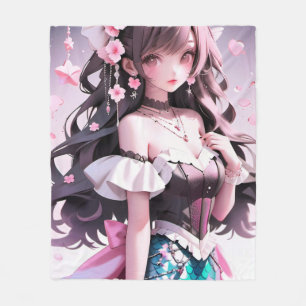 Brown Haired Mermaid With Pink Flowers in Her Hair Fleece Blanket