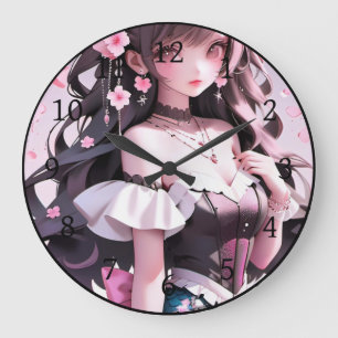 Brown Haired Mermaid With Pink Flowers in Her Hair Large Clock