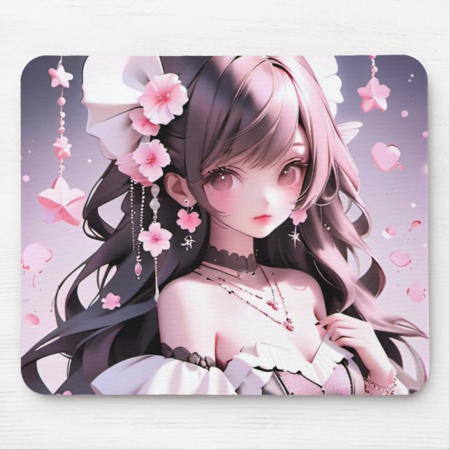 Brown Haired Mermaid With Pink Flowers in Her Hair Mouse Pad (Front)