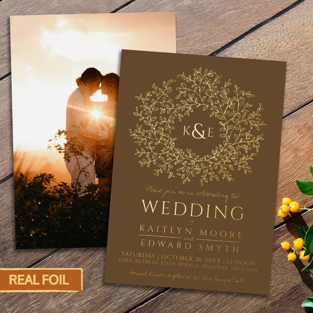 Brown hand drawn leaf monogram art gold wedding (Creator Uploaded)