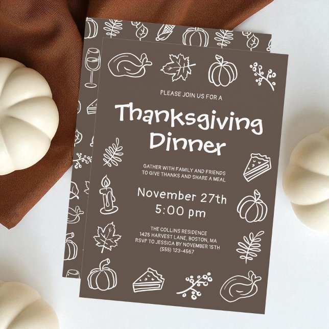 Brown Hand Drawn Whimsical Thanksgiving Dinner Invitation (Brown Hand Drawn Whimsical Thanksgiving Dinner Invitation)