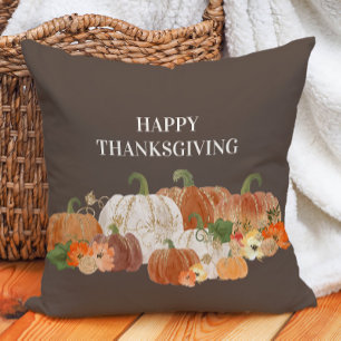 Brown Happy Thanksgiving Orange White Pumpkins  Cushion