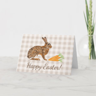 Brown Hare And Carrots Beige Gingham Happy Easter Card