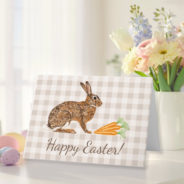 Brown Hare And Carrots Beige Gingham Happy Easter Card (Creator Uploaded)