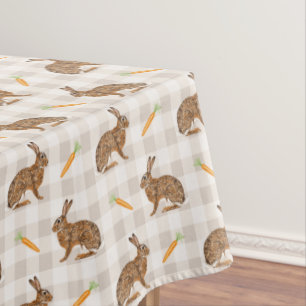 Brown Hare And Carrots Beige Pattern Cute Easter Tablecloth