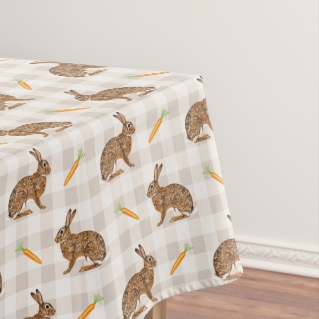 Brown Hare And Carrots Beige Pattern Cute Easter Tablecloth (In Situ)