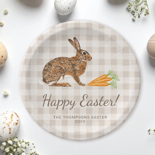 Brown Hare And Carrots Happy Easter Beige Gingham Paper Plate