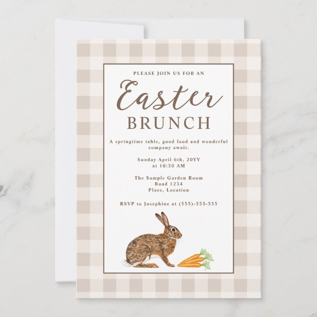 Brown Hare Beige Gingham Rustic Easter Brunch Invitation (Front)