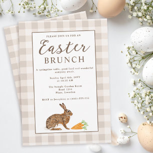 Brown Hare Beige Gingham Rustic Easter Brunch Invitation