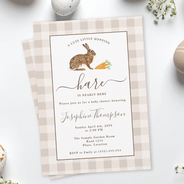 Brown Hare On Beige Gingham Easter Baby Shower Invitation (Creator Uploaded)