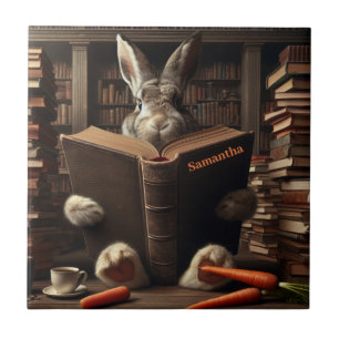 Brown Hare reading in library. Editable name Ceramic Tile