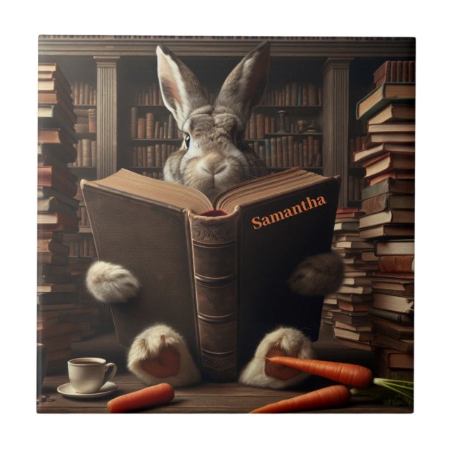 Brown Hare reading in library. Editable name Ceramic Tile (Front)