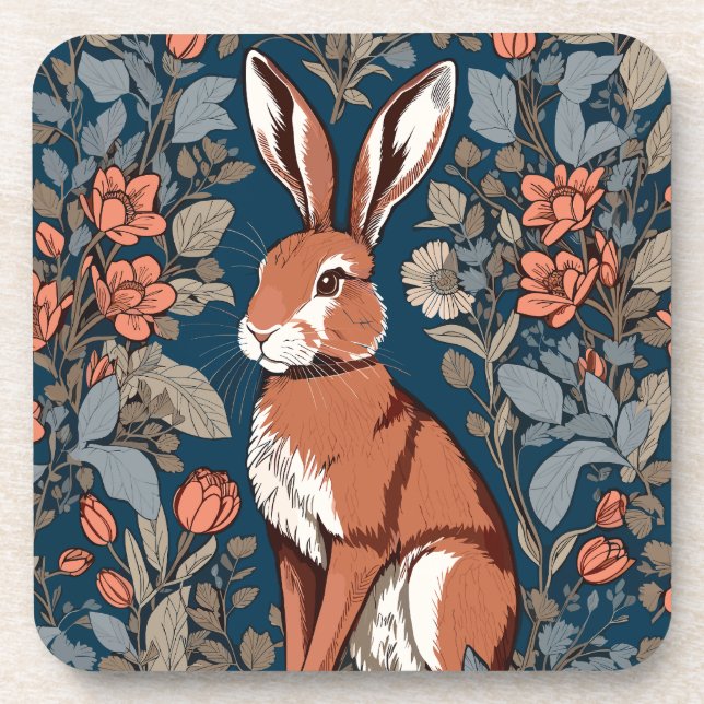 Brown Hare William Morris Inspired Floral Coaster (Front)