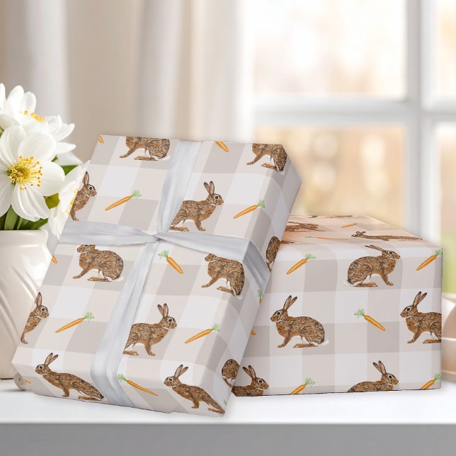Brown Hares And Carrots Beige Gingham Spring Wrapping Paper (Creator Uploaded)