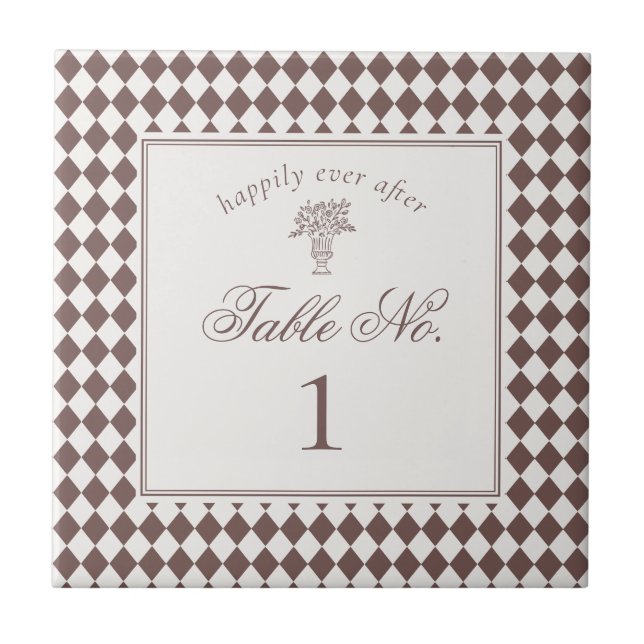 Brown Harlequin Checkered Wedding Table Number Ceramic Tile (Front)