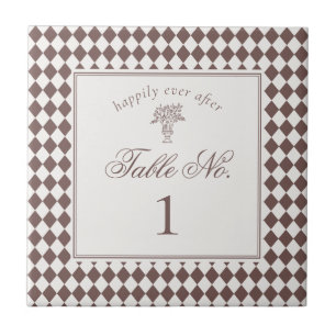 Brown Harlequin Chequered Wedding Table Number Ceramic Tile