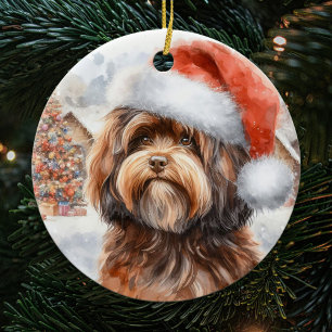 Brown Havanese Dog with Santa Hat Christmas Ceramic Ornament