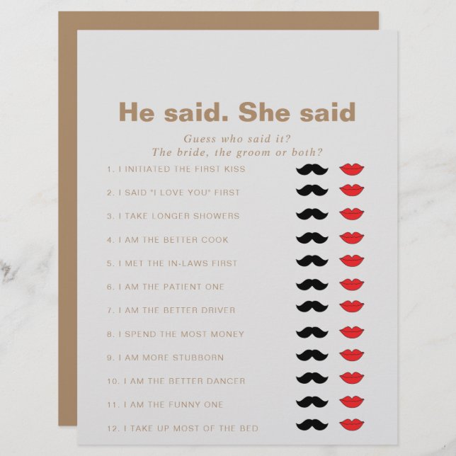 Brown He Said She Said Bridal Shower Game (Front/Back)