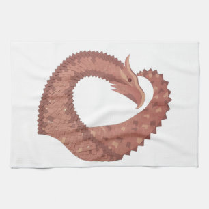 Brown heart dragon on white tea towel