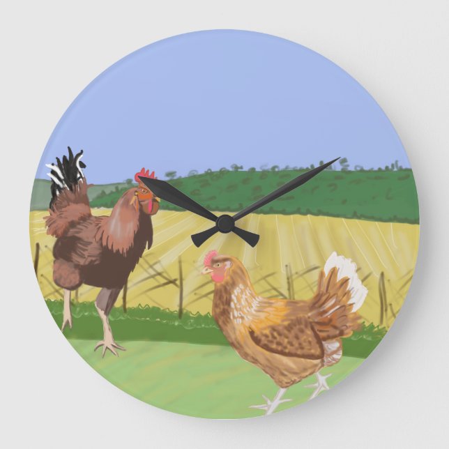 Brown Hen and Rooster in the Countryside Large Clock (Front)