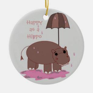 Brown Hippopotamus with Umbrella Ceramic Tree Decoration