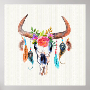 Brown Horns And Colourful Feathers On Bull Skull Poster