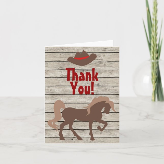 Brown Horse and Cowboy Hat on Barn Wood Western Thank You Card (Front)