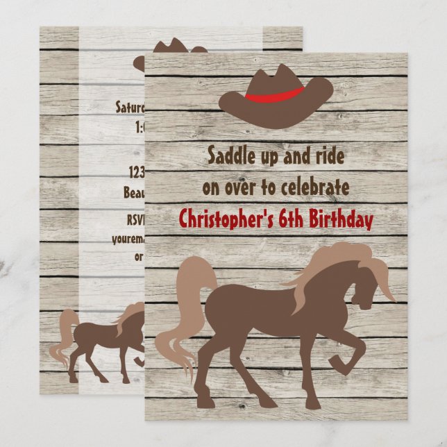 Brown Horse and Cowboy Hat Western Birthday Invitation (Front/Back)