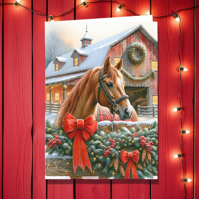 Brown Horse, Bows and Barns Rustic Christmas Holiday Card (Creator Uploaded)