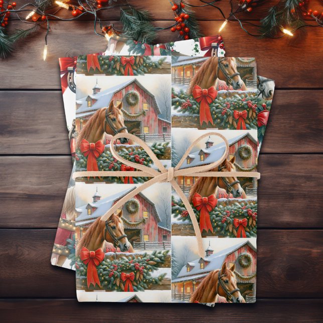 Brown Horse, Bows and Barns Rustic Christmas Wrapping Paper Sheet (Creator Uploaded)