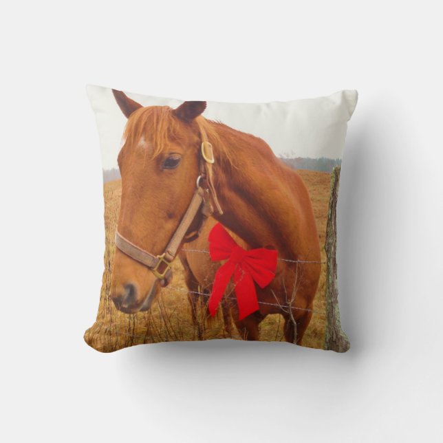Brown Horse,Christmas Red Bow Cushion (Front)