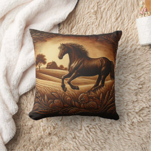 Brown Horse Galloping Across Golden Fields Cushion