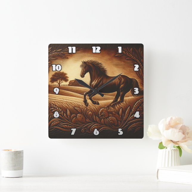 Brown Horse Galloping Across Golden Fields Square Wall Clock (Home)