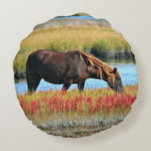 Brown Horse Grazing by Water Meadow Round Cushion
