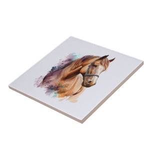 Brown Horse Head Portrait in Watercolor Ceramic Tile