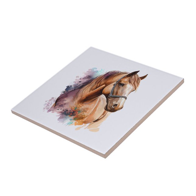Brown Horse Head Portrait in Watercolor Ceramic Tile (Side)