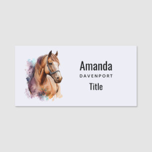 Brown Horse Head Portrait in Watercolor Name Tag