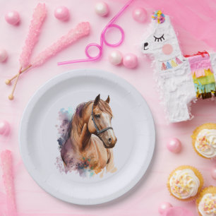 Brown Horse Head Portrait in Watercolor Paper Plate